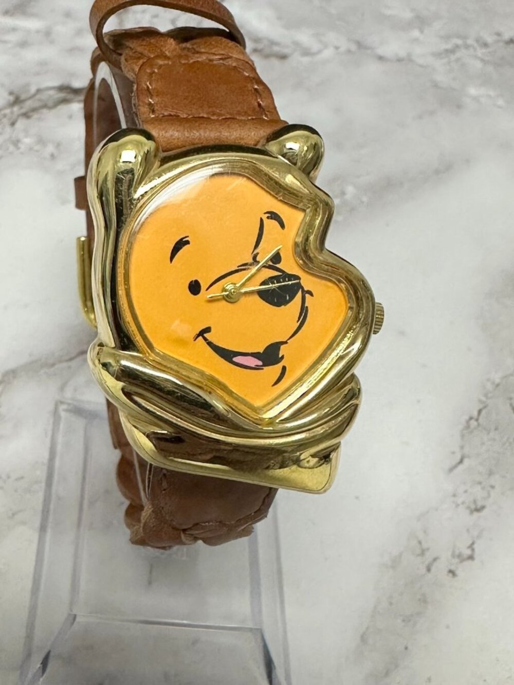 Timex Winnie The Pooh Watch Gold Tone Women Bear Head Brown Band New Battery